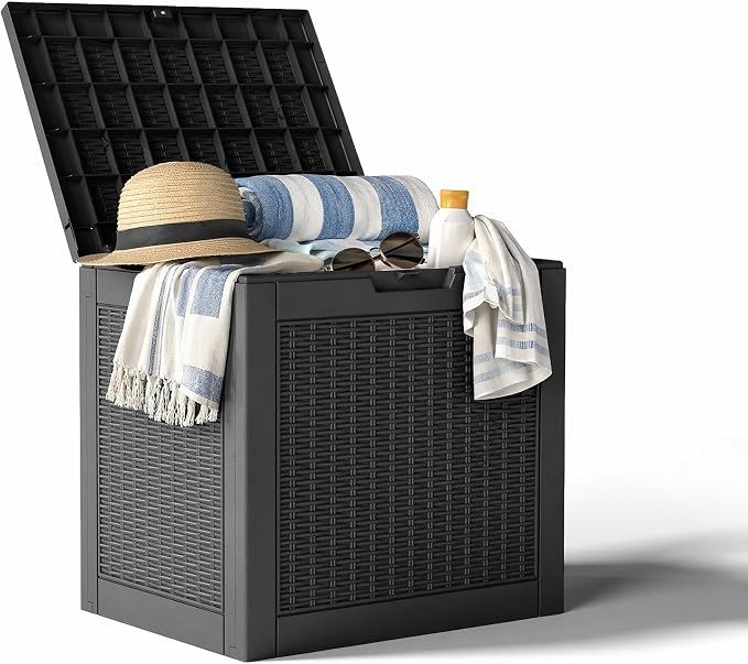 35 Gallon Outdoor Deck Storage Box, All Weather Wicker Look Lockable Storage Bin for Poolside, Backyard & Patio Outdoor Use (Black,35GAL-1)