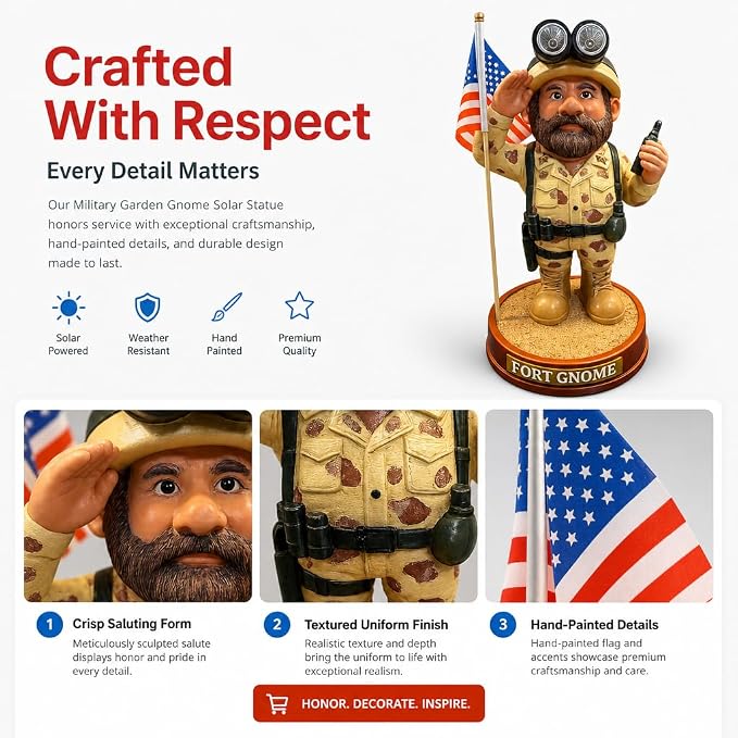 Military Garden Gnome Solar Statue – Patriotic Soldier Gnome | Memorial Day & 4th of July Outdoor Decor | Veteran Gift | Weatherproof Resin Garden Figure with American Flag for Yard & Lawn