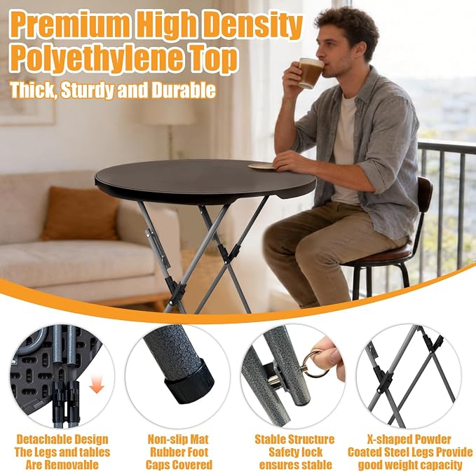 GUAGUA 32" Round Plastic Folding High Top Table - Versatile Bar, Cocktail & Portable Pub Table for Parties, Bistro & Events (Brown Set)