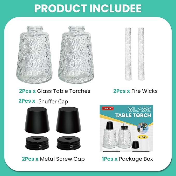 2 Pack Refillable Torches for Outside Glass Tabletop Citronella Torches Outdoor with Snuffers & Torch Wicks Decorative Torch Canister for Outdoor Table Décor, Patio, Backyard, Pool Bar