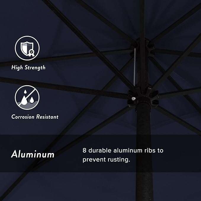 California Umbrella 7.5' Rd Aluminum Patio Umbrella, Crank Lift, Auto Tilt, Black Finish, Navy Blue