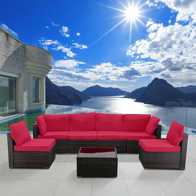 7 Pieces Outdoor Patio Furniture Sets,Rattan Conversation Sectional Set,Manual Weaving Wicker Patio Sofa with Tea Table
