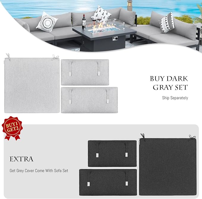 BULEXYARD 9 Piece Large Contemporary Aluminum Outdoor Furniture Set with Sun Bed & Fire Pit Table, 29 inch Deep Couch Set, 500 lbs High Weight Capacity, Patio Sectional Sofa for Poolside, Light Gray