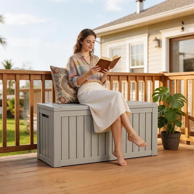 Outdoor Deck Storage Box, 90 Gallon Waterproof Deck Box, Resin, Lockable Patio Storage Box for Pool Accessories, Garden Tools, Cushion, Large Package Delivery，Weatherproof & UV-Resistant Storage Bench