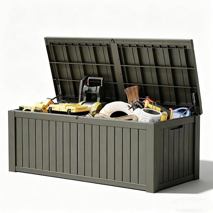 Fancyango 220 Gallon Outdoor Deck Box Waterproof, Large Storage Box for Patio, Resin Storage Bench Lockable for Garden Tools, Package Delivery, Grey