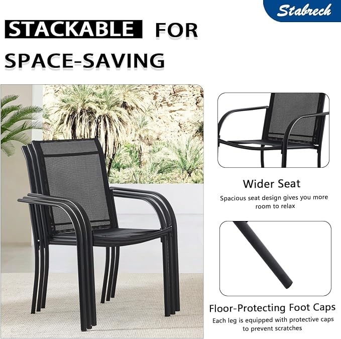 9 Pieces Patio Dining Set for 8, Black Patio Stackable Chairs and Black Round Table Set of 8, Outdoor Furniture Set with Sling Support for Outside, Garden