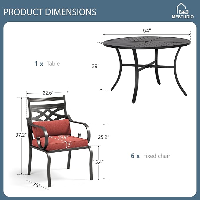 MFSTUDIO 7-Piece Patio Dining Set, 54" Round Metal Table, Swivel Chairs | Mixed Swivel and Fixed Chairs, Umbrella Hole, Red