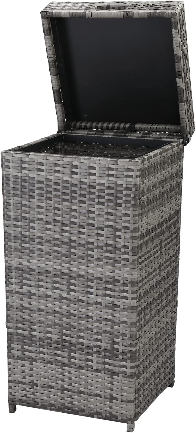 Rattan Deck Storage Box,Rattan Pool Storage Box with Lid & Top Cover Iron Frame, Garden Deck Bin Storage Bench Deck Box for Garden, Backyard, Pool (Grey)