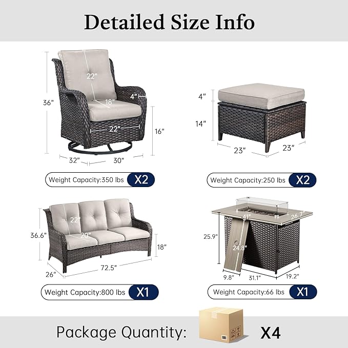 Patio Furniture Set with 41" Fire Pit Table - High Back Patio Conversation Set with 4 Inch Thick Cushions and Deep Seating Swivel Glider Chairs & Outdoor Couch for Porch Deck Yard Pool Brown