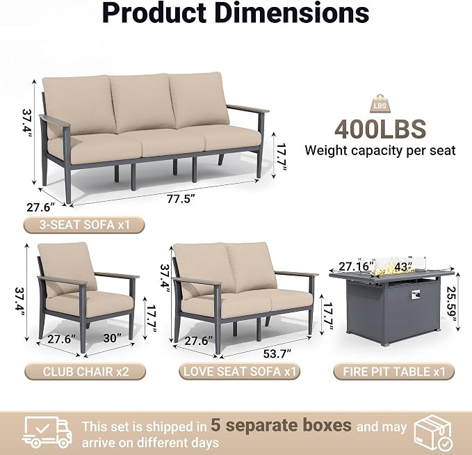 Aluminum Outdoor Patio Furniture Set, 5-Piece Sectional Sofa with 5.1" Thick Cushions, 55,000 BTU Propane Fire Pit Table, Outdoor Couch for Backyard, Deck, Khaki