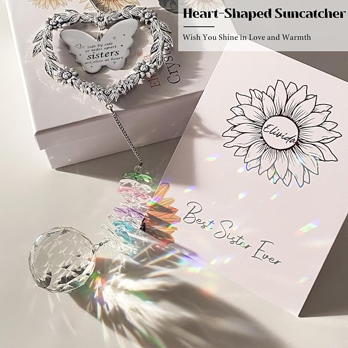 Suncatcher Gift for Sister Birthday, Best Sister Ever Crystal Ornament | Heart-shaped Gift for Big Sister, Unique Long Distance Gifts for Sister Adult, Indoor Window Decoration Sun Catcher