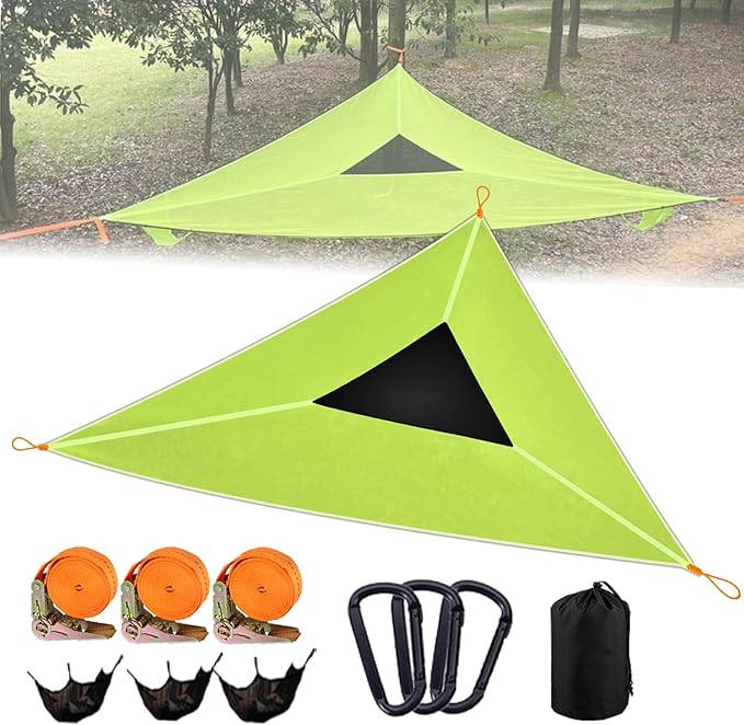 Triangle Hammock 13Ft Multi Person 3 Point Tree Hammock,Max 600LBs Extra Large Sky Camping Hammock for up to 2-4 Adults/Kids with 3 Ratchets/Straps/Net Pockets/Carabiners and Storage Bags,Green