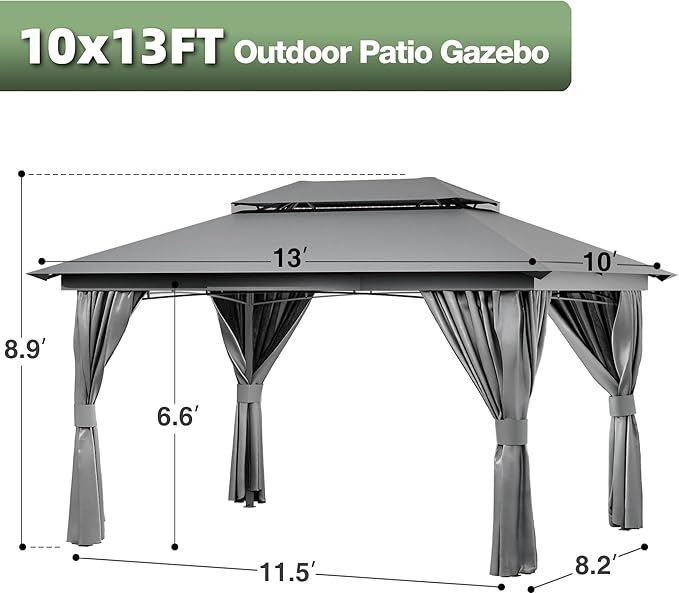 Outdoor Gazebo 10x13 with Mosquito Netting and Privacy Screens, Screen Tent with Double-Roof, Heavy Duty Shelter Canopy Tent, Patio Gazebo for Backyard, Garden, Lawn, Party