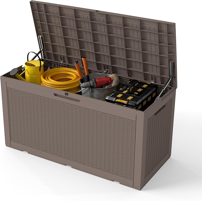 Outdoor Storage Box, 110 Gallon Waterproof Deck Box [Upgraded 3.0], Auto-Open Gas Struts Resin Organizer for Lounger Pillows, Secure Lockable Backyard Storage Bench, Poolside Deck, Grey