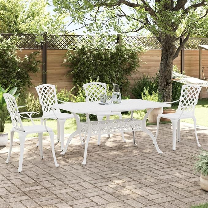 5 Piece Patio Dining Set White Cast Aluminum Outdoor Table and Chairs for Garden Backyard Lawn with Umbrella Hole Weather Resistant Durable Furniture