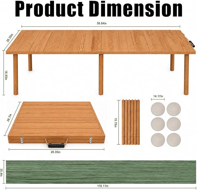 60" Folding Picnic Table with Table Runner & 6 Placemats, Solid Wood Portable Low Picnic Table for Seating 6, Wooden Foldable Table for Outdoor Camping, Beach, Boho Party, Patio (Brown)