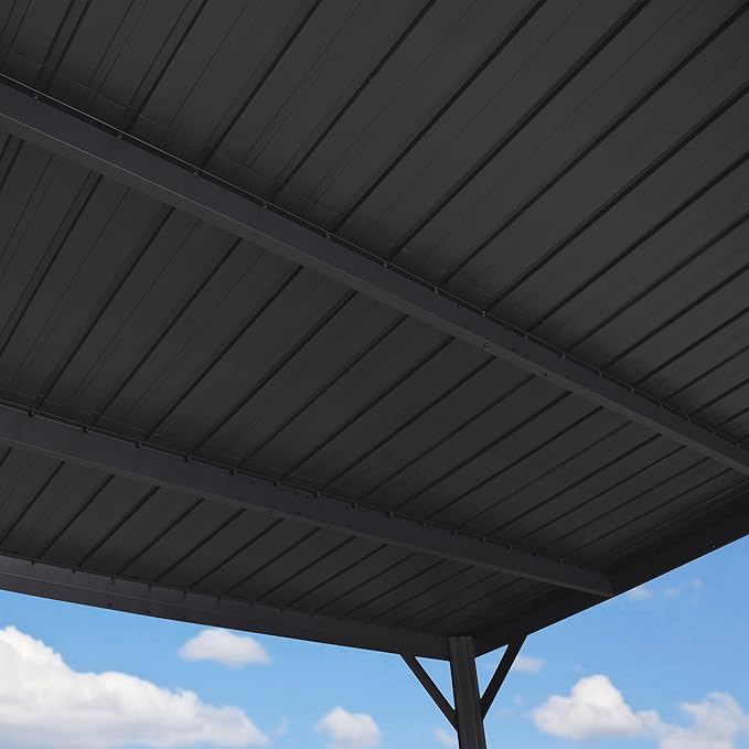 PURPLE LEAF 10' x 10' Wall Mounted Pergola with Metal Roof Backyard Entertainment Shelter for Outdoor Dining Lounge Seating Family Gatherings and Vehicle Shade Area