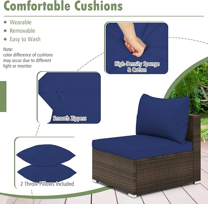 Tangkula 7 Piece Patio Wicker Furniture Set, Outdoor Rattan Sectional Sofa Set for 6 with Seat & Back Cushions, 2 Throw Pillows, Sofa Fastener Clips, for Backyard, Poolside, Deck (Mix Brown+Navy)