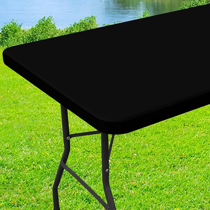 Moosfor Spandex 6 Foot Rectangle Table Cloth 2 Pack, Elastic Fitted Tablecloths for Picnic, Stretch Washable Patio Table Cover for Outdoor, Camping, Banquet and Parties (Black, 24"x72")