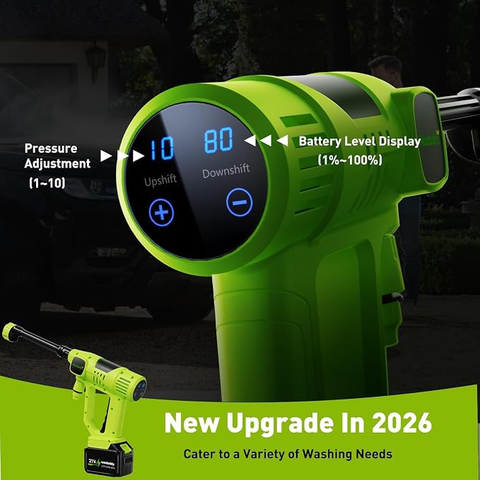 Cordless Car Washer, 1100PSI, Portable Cleaning Tool with 6-in-1 Nozzle, 10 Spray Settings, Battery Display, Self-Priming System for Car, Garden, Patio & Floor