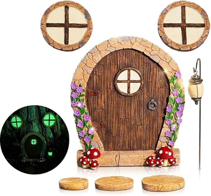 Fairy Door for Wall and Trees Outdoor with Light, Glow in The Dark, Gnome Desk Art Sculpture Decoration for Classroom, Kids Room, Miniature Fairy Garden Outside Decor Accessories
