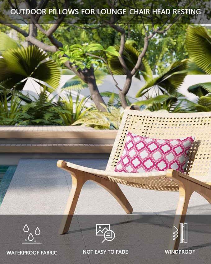 Outdoor Pillows Covers with Inserts Pink and White Moroccan Pattern Geometric Waterproof Recliner Pillow with Adjustable Strap Throw Pillows for Patio Furniture Pool Lounge Chair, 11x16 inch, 1PCS