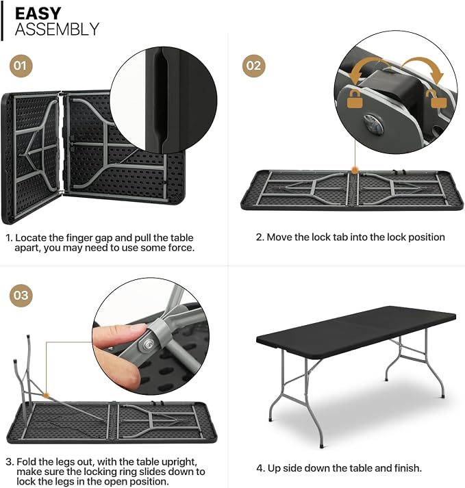 Magshion 6ft Plastic Folding Table with Handle for Indoor Outdoor, 6 Foot Utility Commercial Craft Foldable Table for Party Events, Black