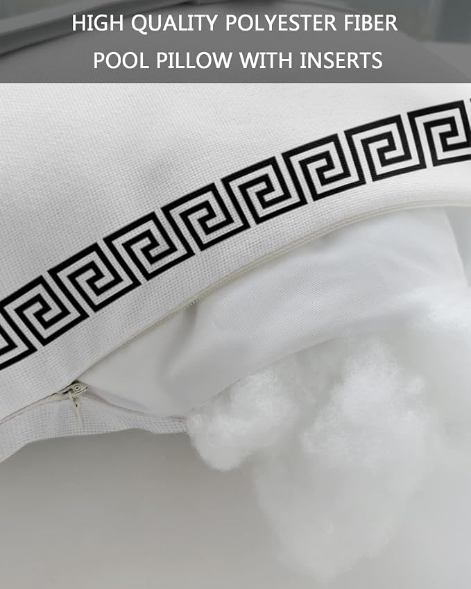 Outdoor Pillows Covers with Inserts White Traditional Greek Key Meander Border Square Geometric Waterproof Pillow with Adjustable Strap Throw Pillows for Patio Furniture Lounge Chair, 11x16 Inch, 1PCS