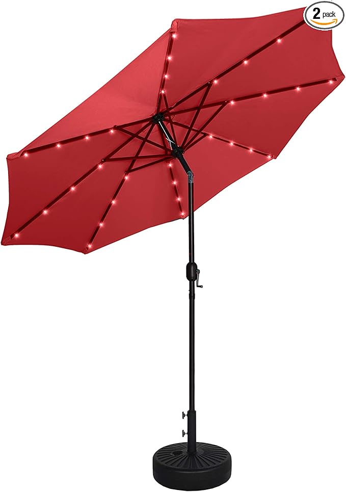 WO Home Furniture 9 Ft Patio Solar Power LED Lights Market Umbrella with Black Color Round Free Standing Weight Base kit Red