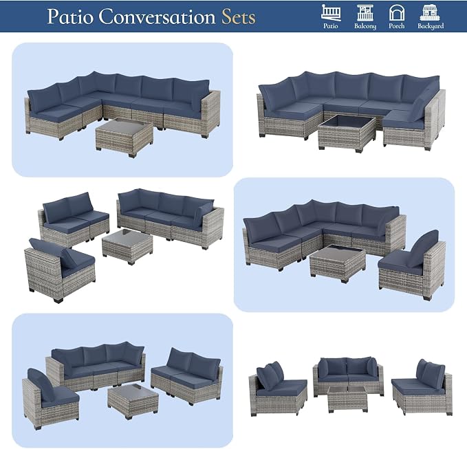 FHFO 14 Piece Outdoor Wicker Patio Furniture Set, Grey/Blue | Sectional Sofa | All-Weather Hand-Woven Rattan | Tempered Glass Coffee Table | Free Combination | Indoor & Outdoor Use