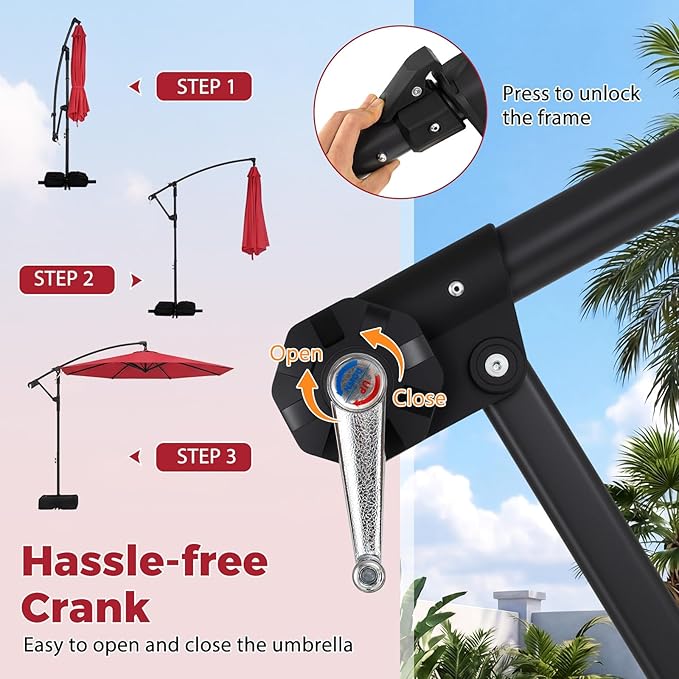 Tangkula 10ft Patio Umbrella with Base Included, Offset Cantilever Outdoor Umbrella with 360 Degree Rotation, Crank Handle, Sun-Protective Canopy for Pool Deck Garden Backyard (Red)