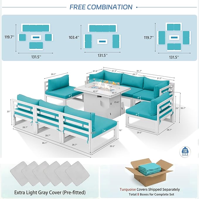 NICESOUL 9 Piece L-Shaped Contemporary Aluminum Outdoor Furniture Set with Firepit, 29" Deep Wide Large Couch Set, 500 lbs High Weight Capacity Modular Patio Sectional Sofa for Garden Terrace, Teal