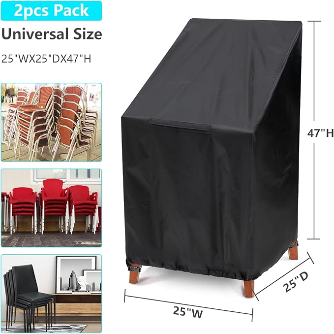 Outdoor Chair Covers, 2 Pack Waterproof Stackable Outdoor Chair Covers Dust Rain Snow-Proof High Back Patio Chair Covers Fits for 4-6 Stackable Dining Chairs, 25" W x 25" D x 47”H