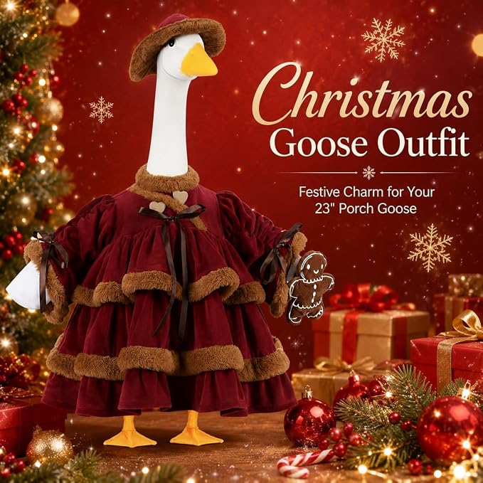 STONESTAR Christmas Porch Goose Outfits for 23" High Cement Plastic Lawn Goose Statue, Vintage Gingerbread Velvet Tiered Dress Goose Costume for Patio Yard Xmas Santa Holiday Decor