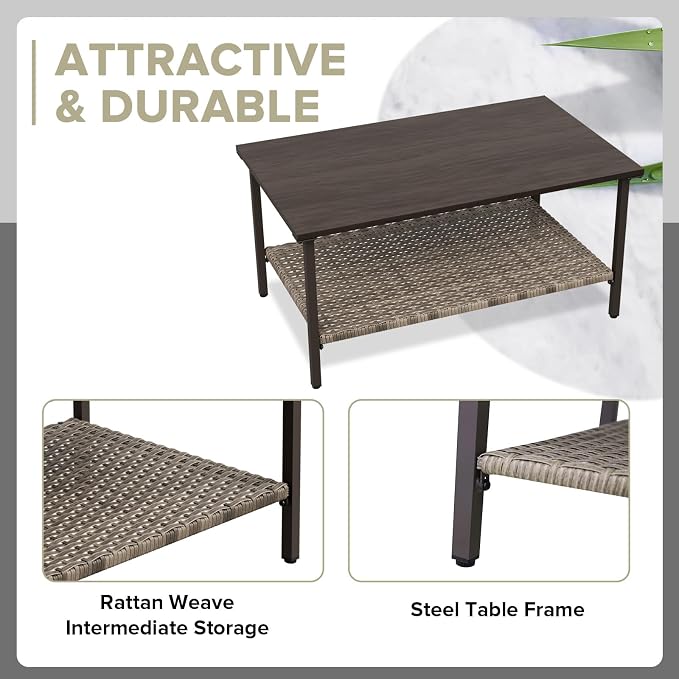 COOS BAY Aurora Terrace Outdoor Coffee Table, 2 Tier Metal Patio Table with Storage, Wood Grain Top Garden Side Table, All Weather Wicker Furniture