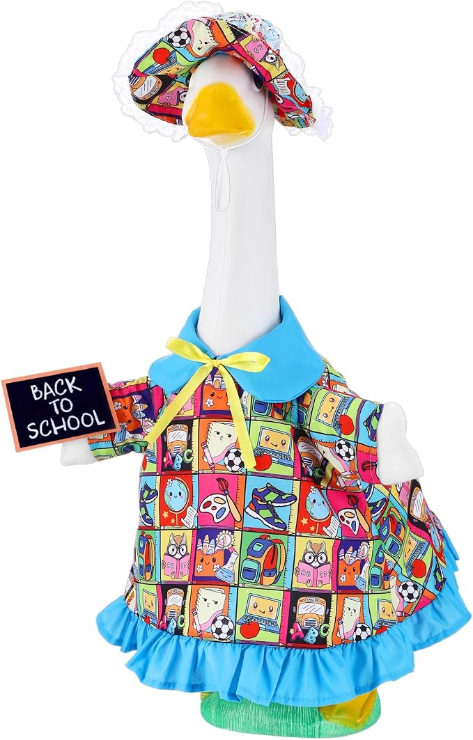 Outus Back to School Porch Goose Outfits Includes Blue Sun Hat and Blue Notebook Shirt First Day of School Classroom Goose Clothing for Outdoor Garden Yard Patio Lawn 23" Statue