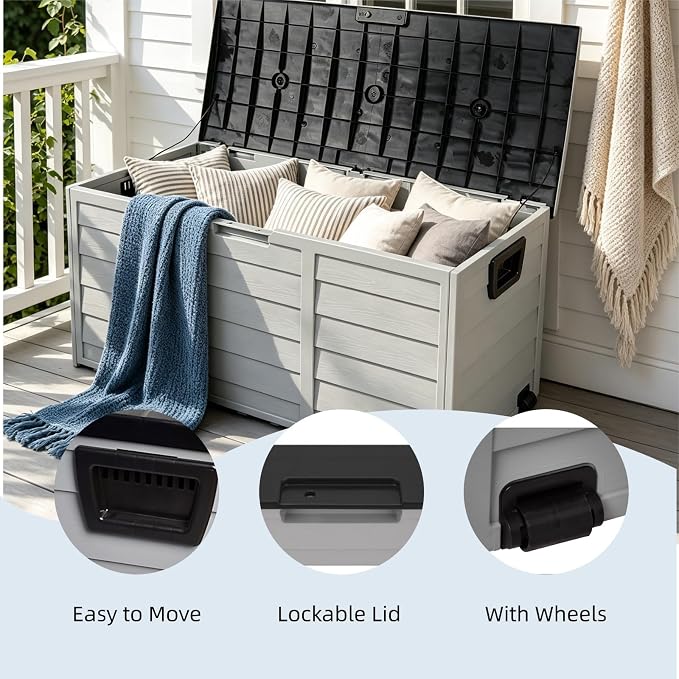75 Gallon Waterproof Outdoor Deck Box with Wheels, Lockable Resin Patio Storage Container for Cushions, Garden Tools, Pool Accessories and Outdoor Supplies, Black Grey