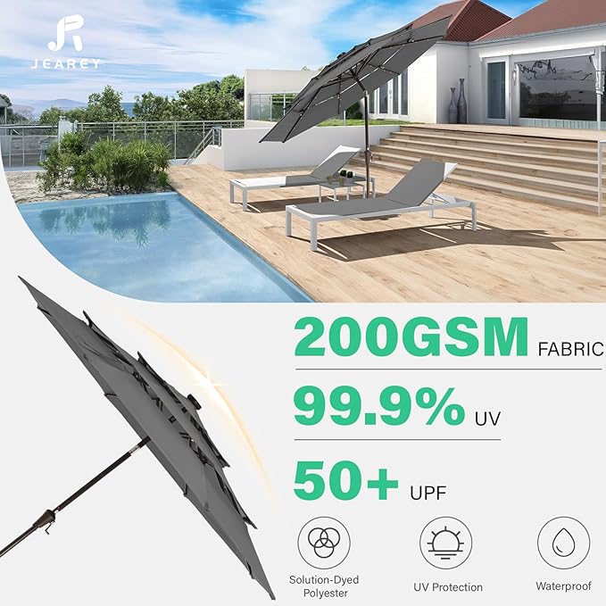 JEAREY 3 Tiers Patio Umbrella with Solar Lights 9ft Outdoor Market Table Umbrellas with Push Button Tilt for Outside Pool Garden, Gray