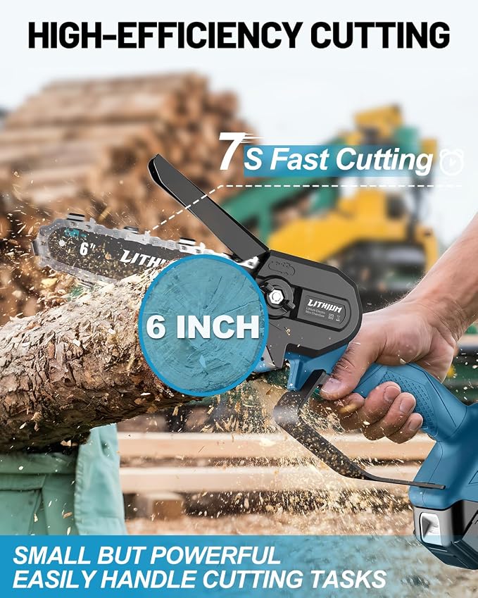 Fostex 6 Inch Cordless Mini Chainsaw, Handheld Electric Chain Saw with 2×2000mAh Batteries & 2 Chains, Lightweight Battery Powered Saw for Tree Trimming, Branch Pruning, Gift for Dad, Husband (Blue)