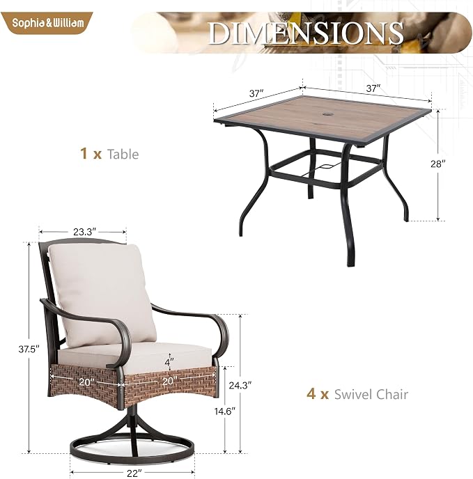 Sophia & William Patio Dining Set 5 Piece Outdoor Table Furniture Set - 4 Padded Swivel Dining Chairs and 1 Square Metal Table with Umbrella Hole & Wood-Like Top