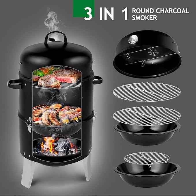 32" Vertical Steel Charcoal Smoker Grill,Heavy Duty BBQ Grills,Outdoor Camping Backyard Barbecue Grill,Metal Barbecue Smokers,with Thermometer,for Patio Garden Beach Porch Lawn Yard (Black)