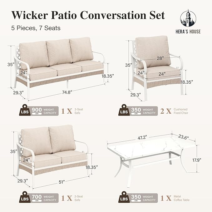HERA'S HOUSE 5 Piece Metal Patio Furniture Set, 7 Seats All Weather Outdoor Conversation Set, 3 Seat Sofa with Loveseat, 2 Fixed Chairs, Coffee Table for Backyard, Garden, Deck, White/Beige