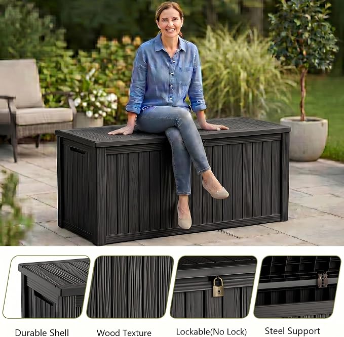 200 Gallon Outdoor Storage Box, Large Waterproof Resin Deck Box, Lock Storage Bins, Patio Furniture for Garden Tool and Poolside, Deep Black