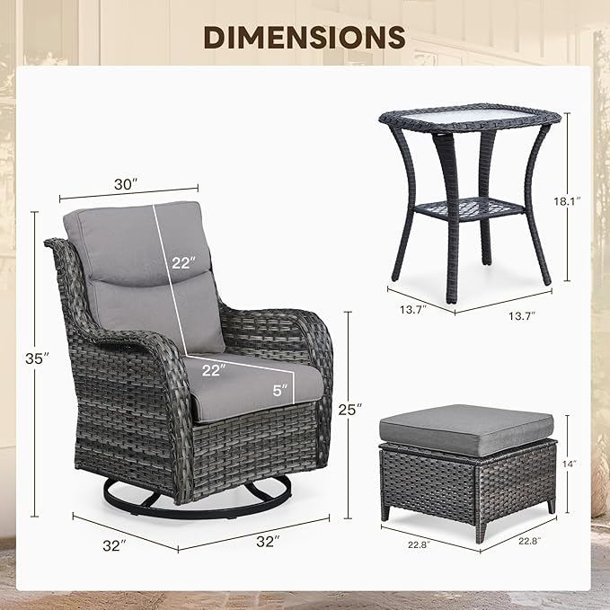 Patio Conversation Set with Smile-Shaped Cushions, Luxury Outdoor Swivel Chairs with Side Table and Ottomans, 5PCS PE Rattan Swivel Glider Chairs Set, Brown Wicker|Grey Cushions