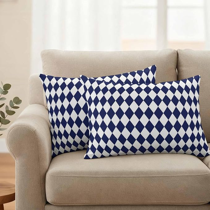 Modern Geometric Buffalo Plaid Outdoor Pillow Covers Set of 2,Decorative Waterproof Throw Pillow Case,Abstract Blue White Diamond Cotton Linen Soft Cozy Cushion Pillowcases
