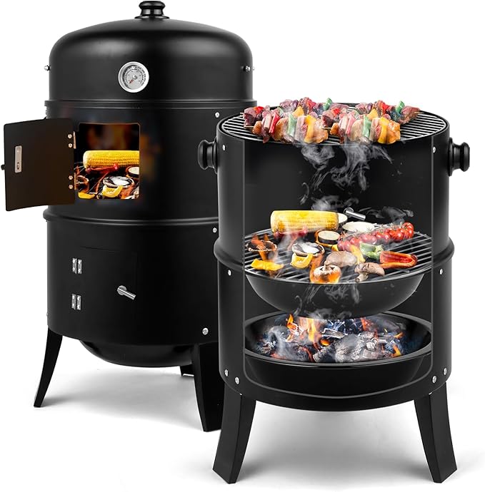 31.5" Vertical Steel Charcoal Smoker Grill,Heavy Duty BBQ Grills,Outdoor Camping Backyard Barbecue Grill,Metal Barbecue Smokers,with Thermometer,for Patio Garden Beach Porch Lawn Yard (Black)