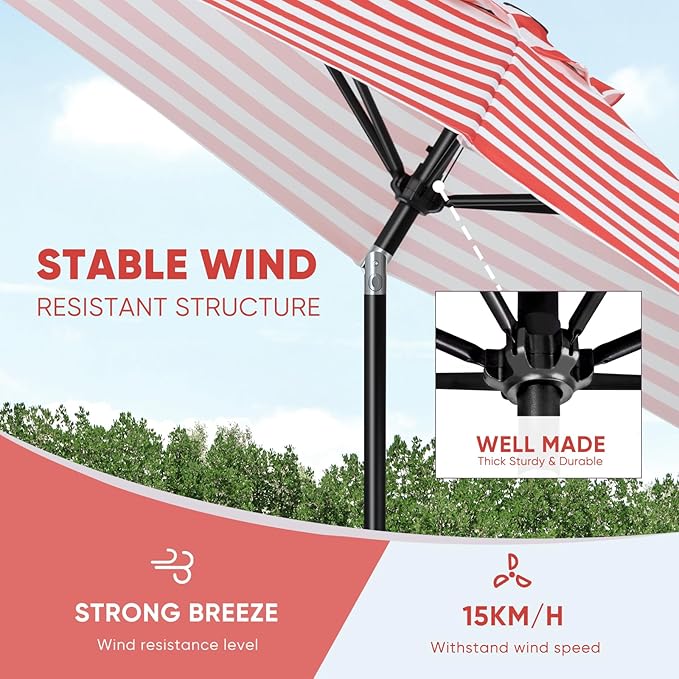 Tempera Patio Market Outdoor Table Umbrella with Push Button Tilt and Crank, Large Sun Umbrella with Sturdy Pole & Fade Resistant Canopy, Easy to Set