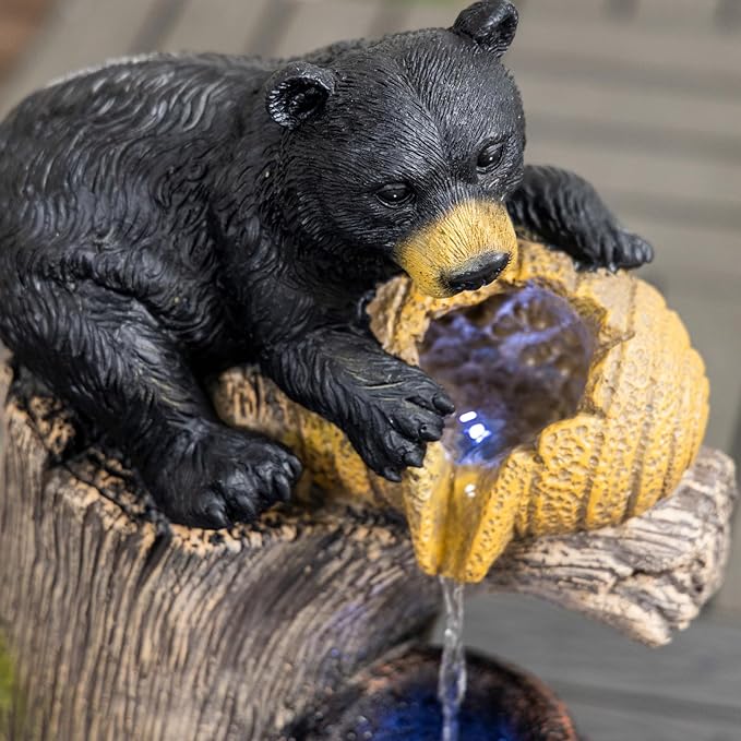 Bear Outdoor Water Fountain with LED Lights Cascading Rustic Log Garden Fountain Resin Waterfall Feature for Patio Backyard Deck Porch Yard Decor 23.6 Inch