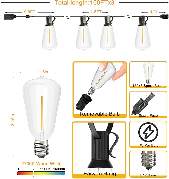 Svater 300 FT Outdoor String Lights LED, Waterproof for Outside Patio | 156 Shatterproof ST38 Dimmable Edison Bulbs, Hanging Lighting For Bistro Cafe Market Backyard, 2700K (100 FT *3)