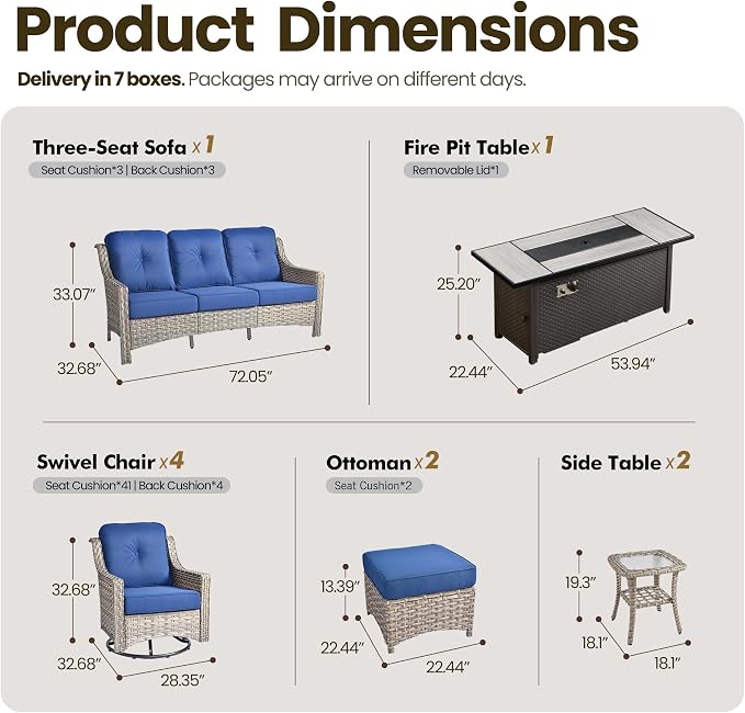 10 Piece Patio Furniture Set with Fire Pit Table, Outdoor Wicker High Back Sofa and Swivel Rocker Chairs Set of 4 with Ottoman, Large Conversation Sets for Backyard Deck Garden, Navy Blue